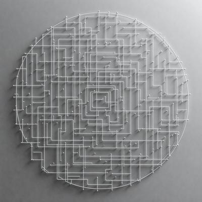 The primary subject of the image is a large, intricate, and interconnected web of wires. The setting is a white surface, which provides a clean and uncluttered backdrop for the web. The visual style is a combination of digital art and illustration, as the web is depicted in a detailed and complex manner. The colors and mood of the image are predominantly white, giving it a clean and minimalist appearance.